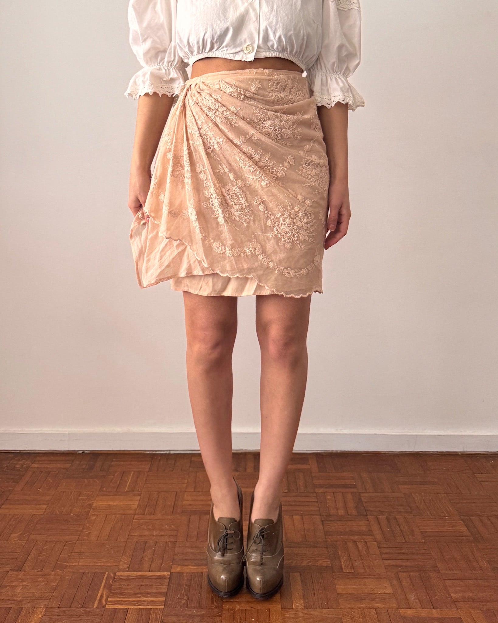 Lolita Lempicka 1990s Pink Lace Wrap Ruffle Skirt