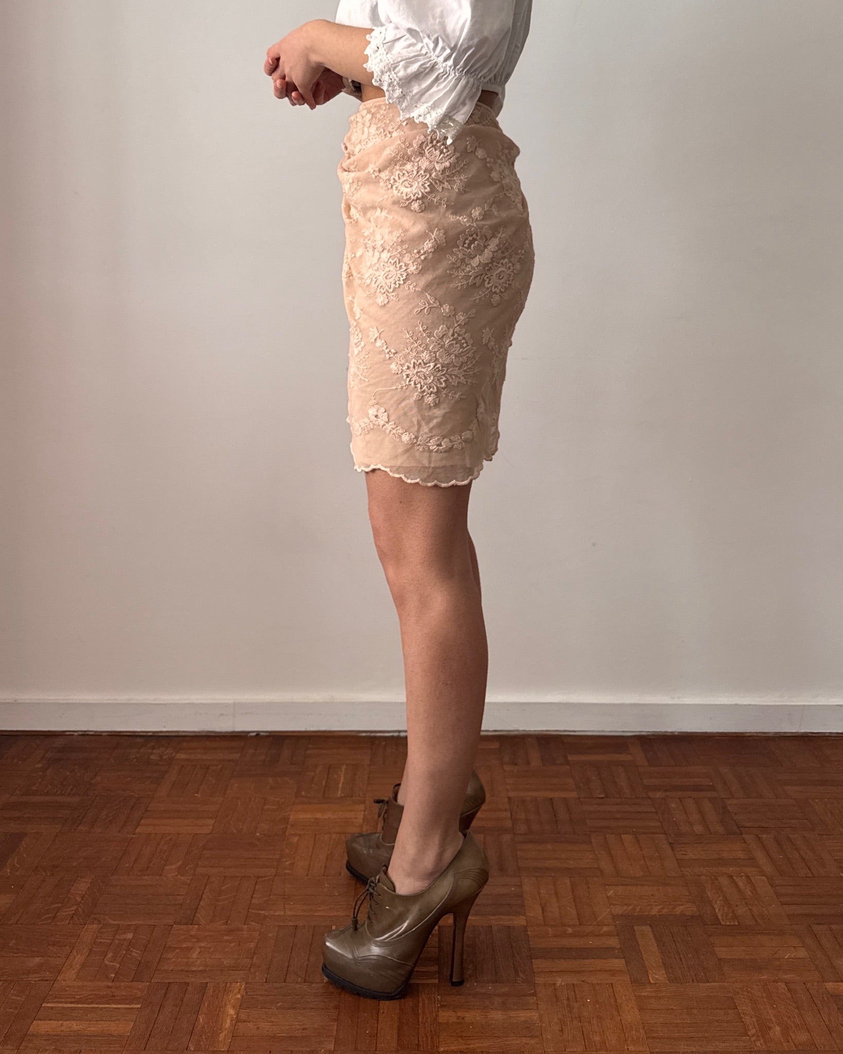 Lolita Lempicka 1990s Pink Lace Wrap Ruffle Skirt