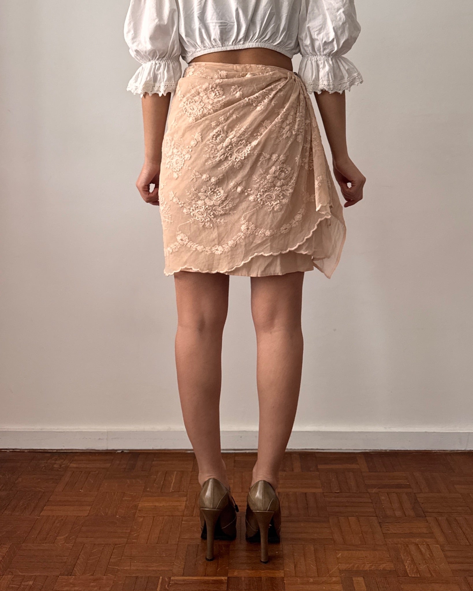 Lolita Lempicka 1990s Pink Lace Wrap Ruffle Skirt