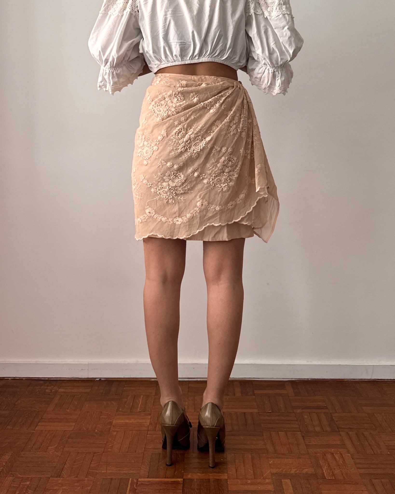 Lolita Lempicka 1990s Pink Lace Wrap Ruffle Skirt