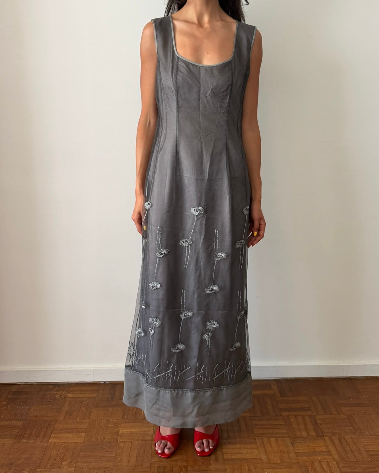 Alberta Ferretti SS1998 Sheer Embroidered Maxi Dress – Grey