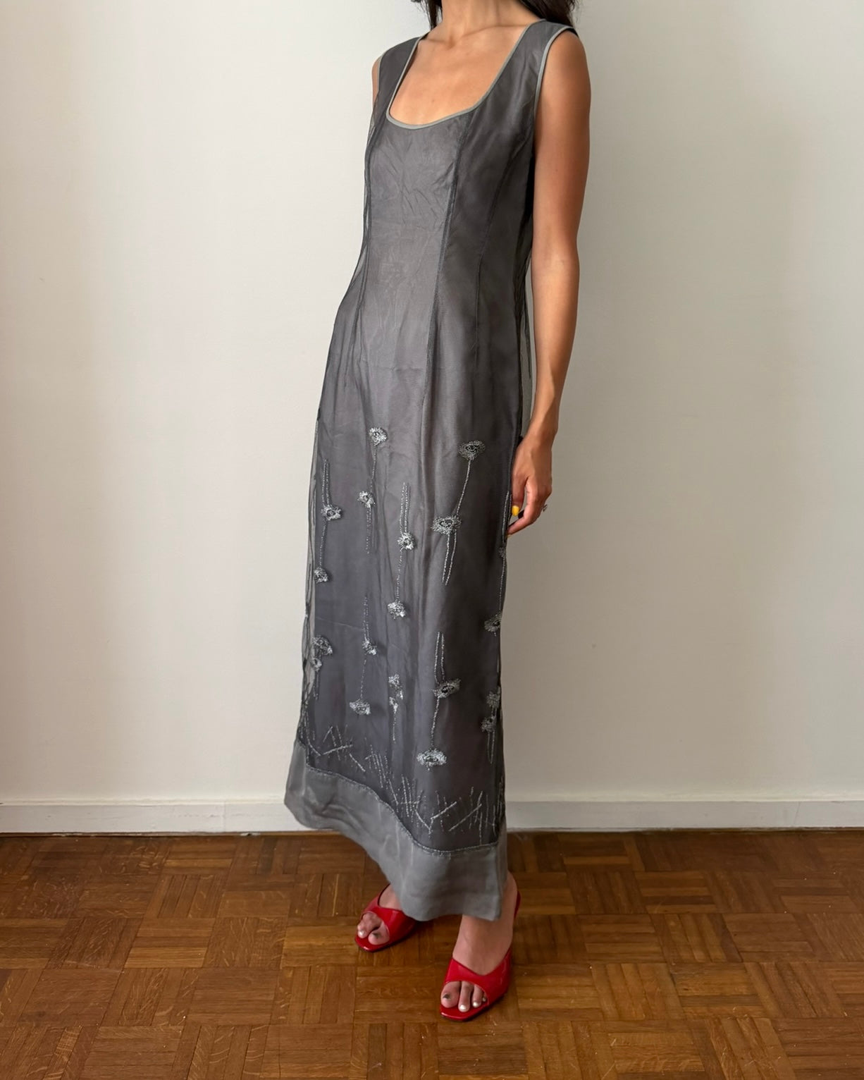 Alberta Ferretti SS1998 Sheer Embroidered Maxi Dress – Grey