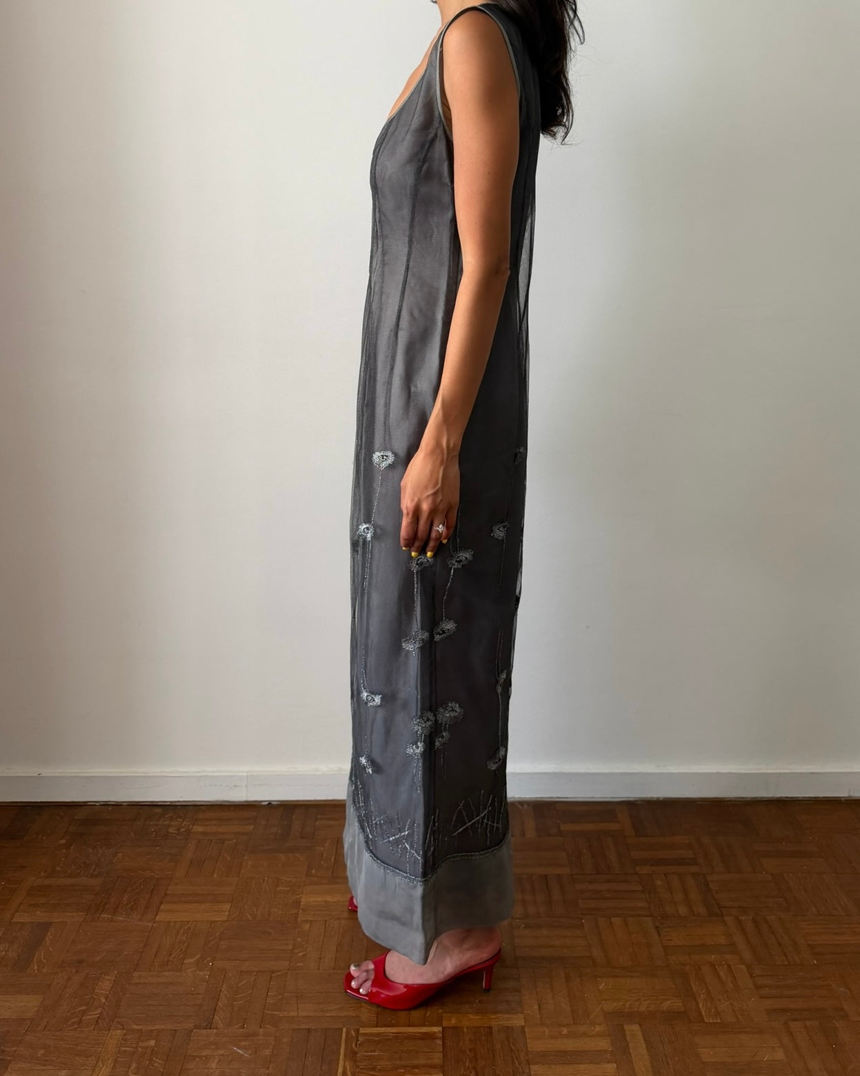 Alberta Ferretti SS1998 Sheer Embroidered Maxi Dress – Grey