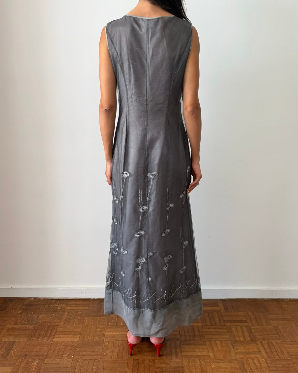 Alberta Ferretti SS1998 Sheer Embroidered Maxi Dress – Grey