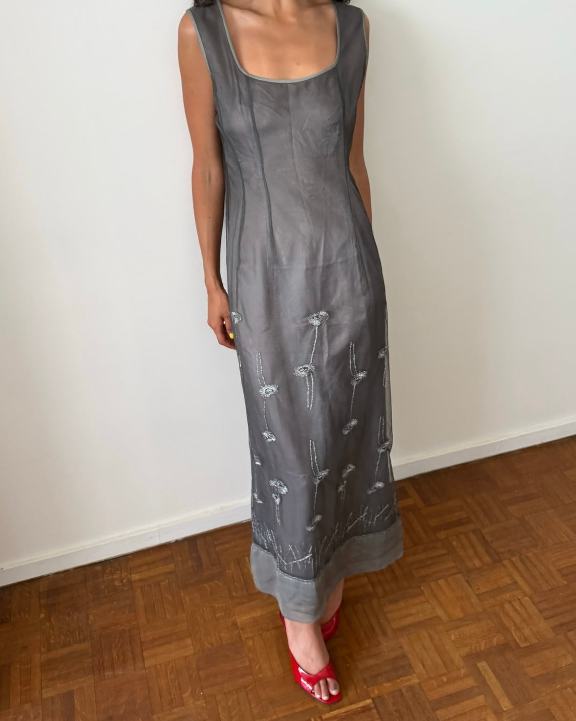 Alberta Ferretti SS1998 Sheer Embroidered Maxi Dress – Grey