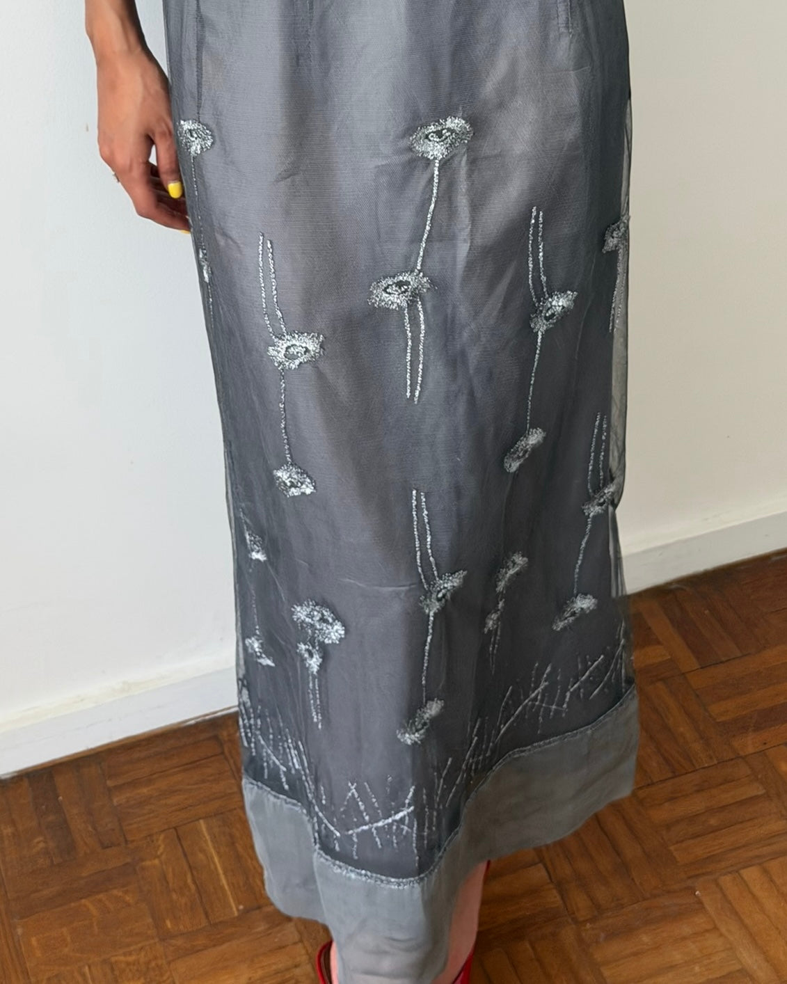 Alberta Ferretti SS1998 Sheer Embroidered Maxi Dress – Grey