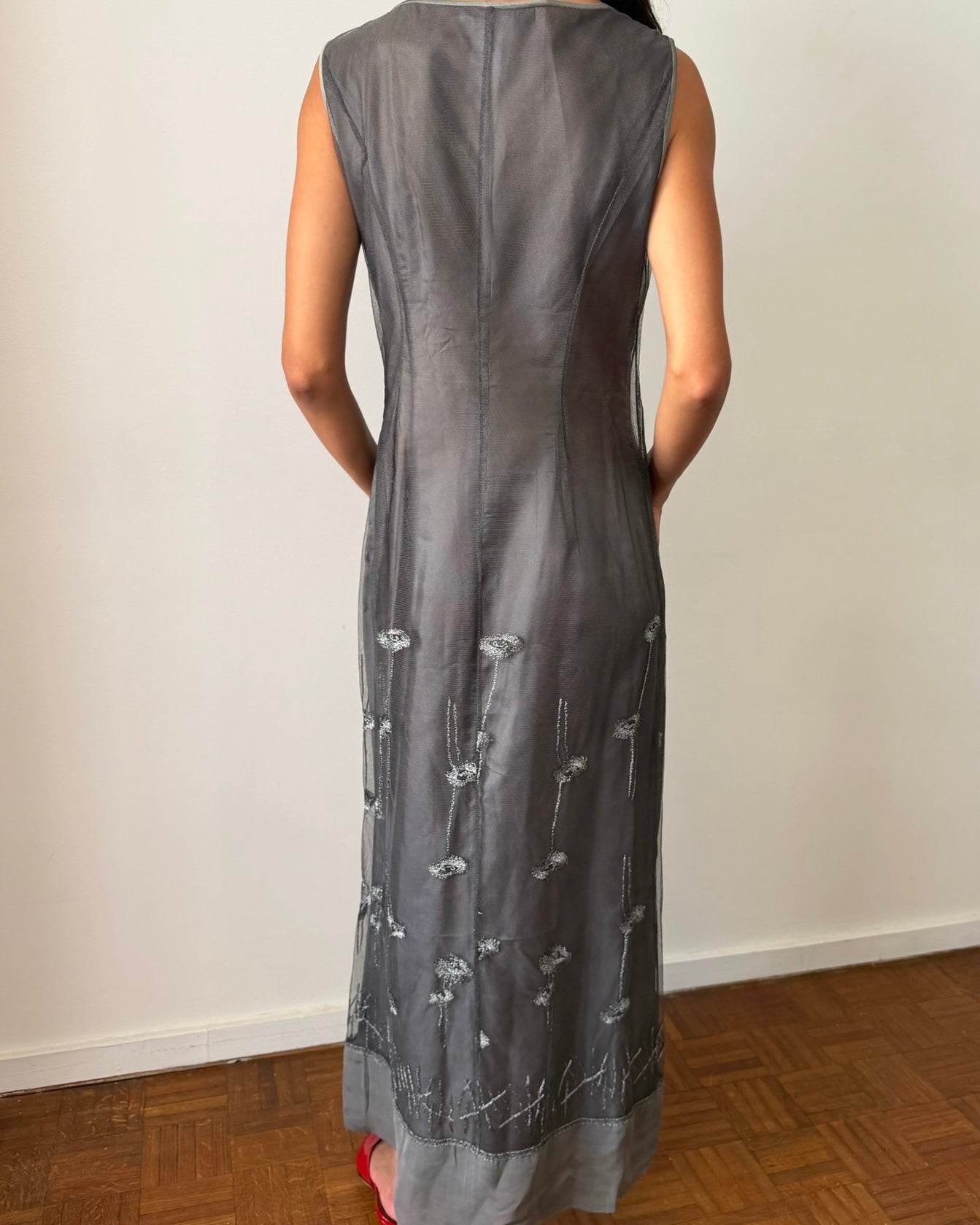 Alberta Ferretti SS1998 Sheer Embroidered Maxi Dress – Grey
