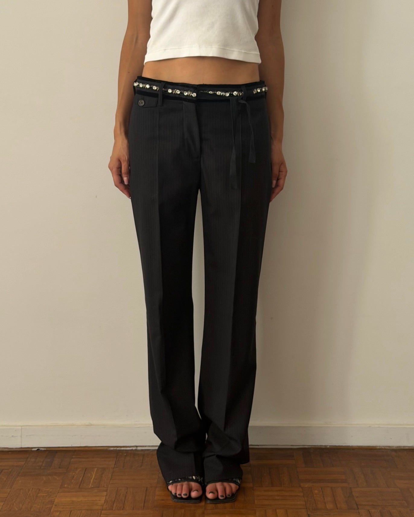 Prada Early 2000s Crystal Belt Pinstripe Wool Trousers