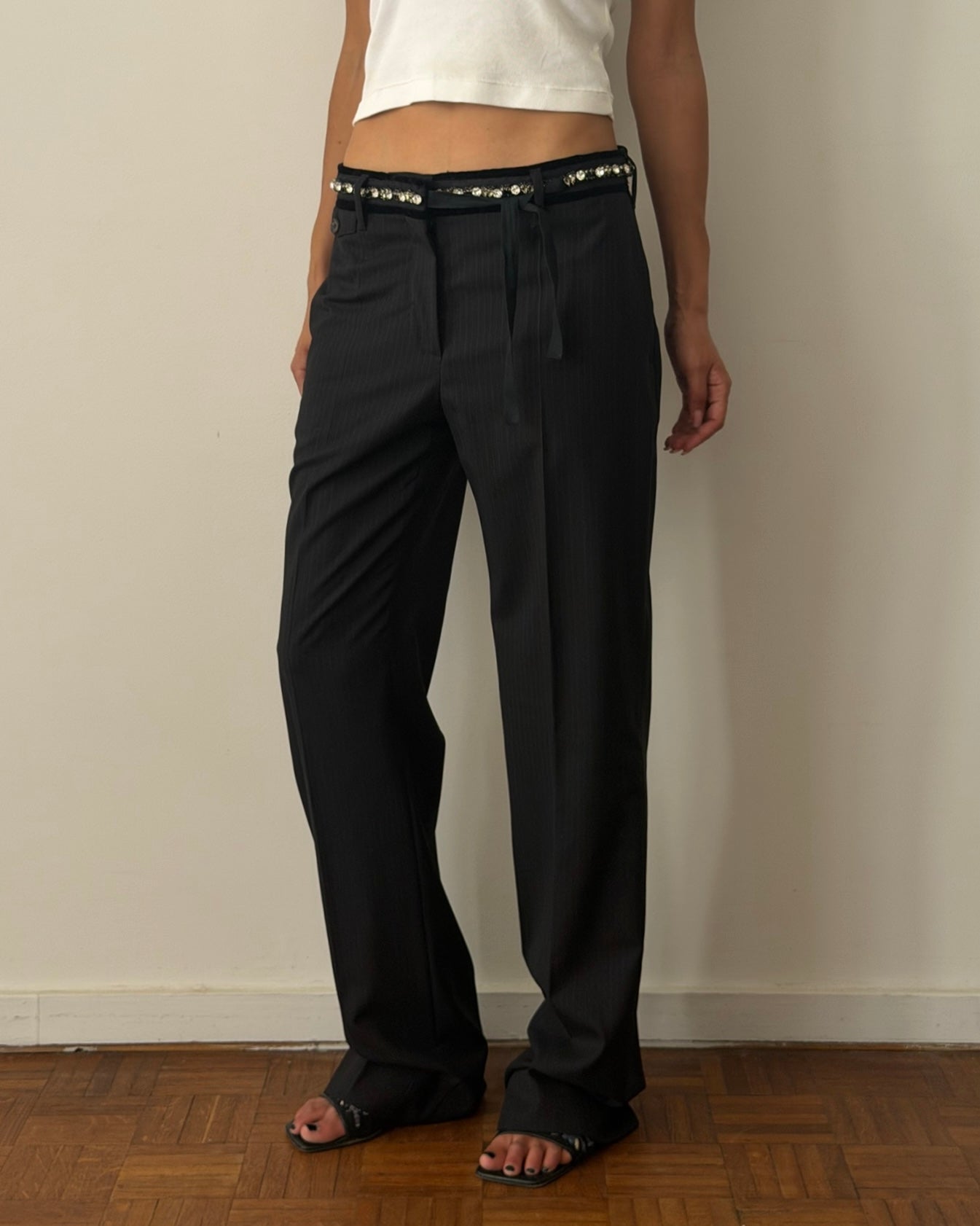 Prada Early 2000s Crystal Belt Pinstripe Wool Trousers