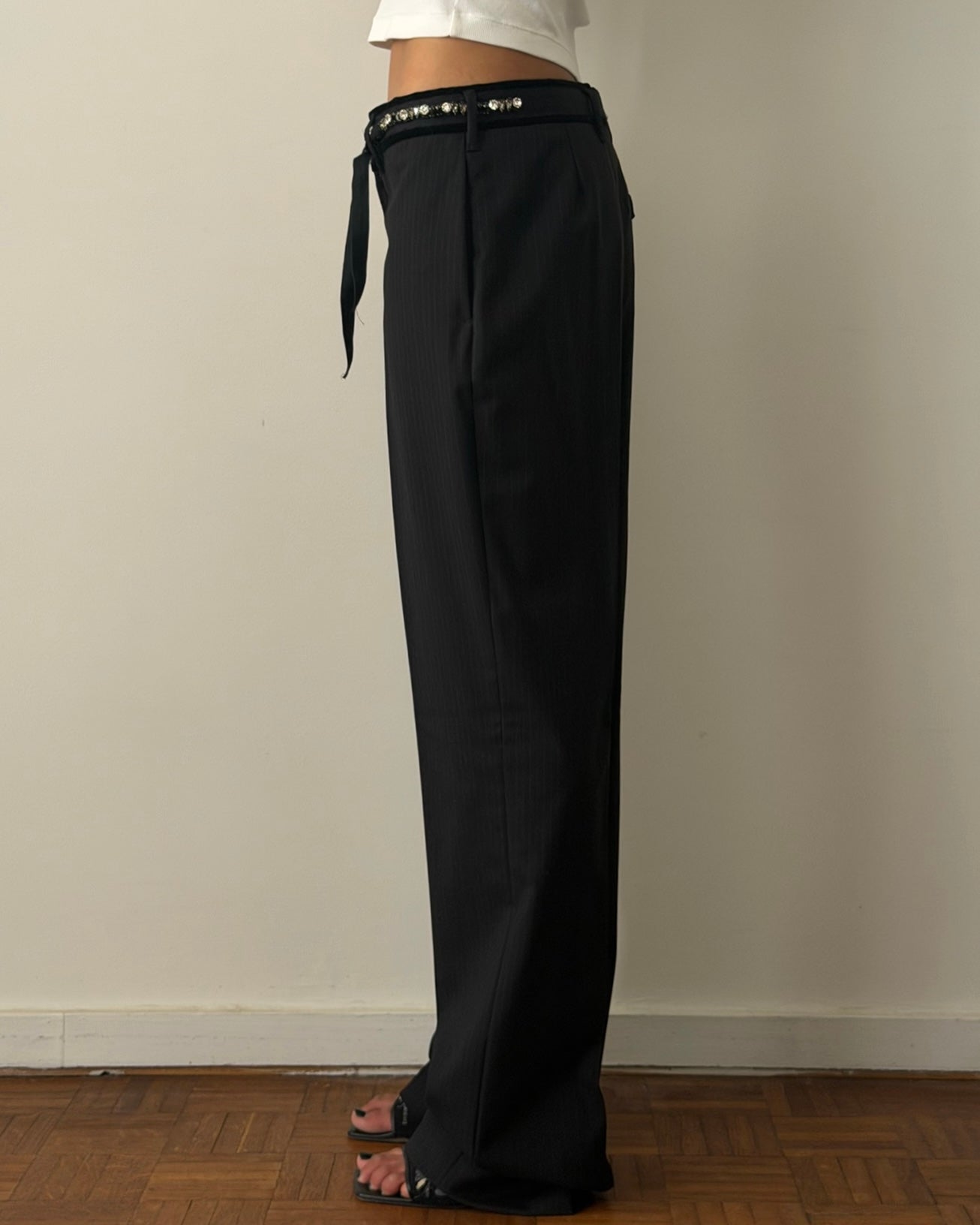 Prada Early 2000s Crystal Belt Pinstripe Wool Trousers
