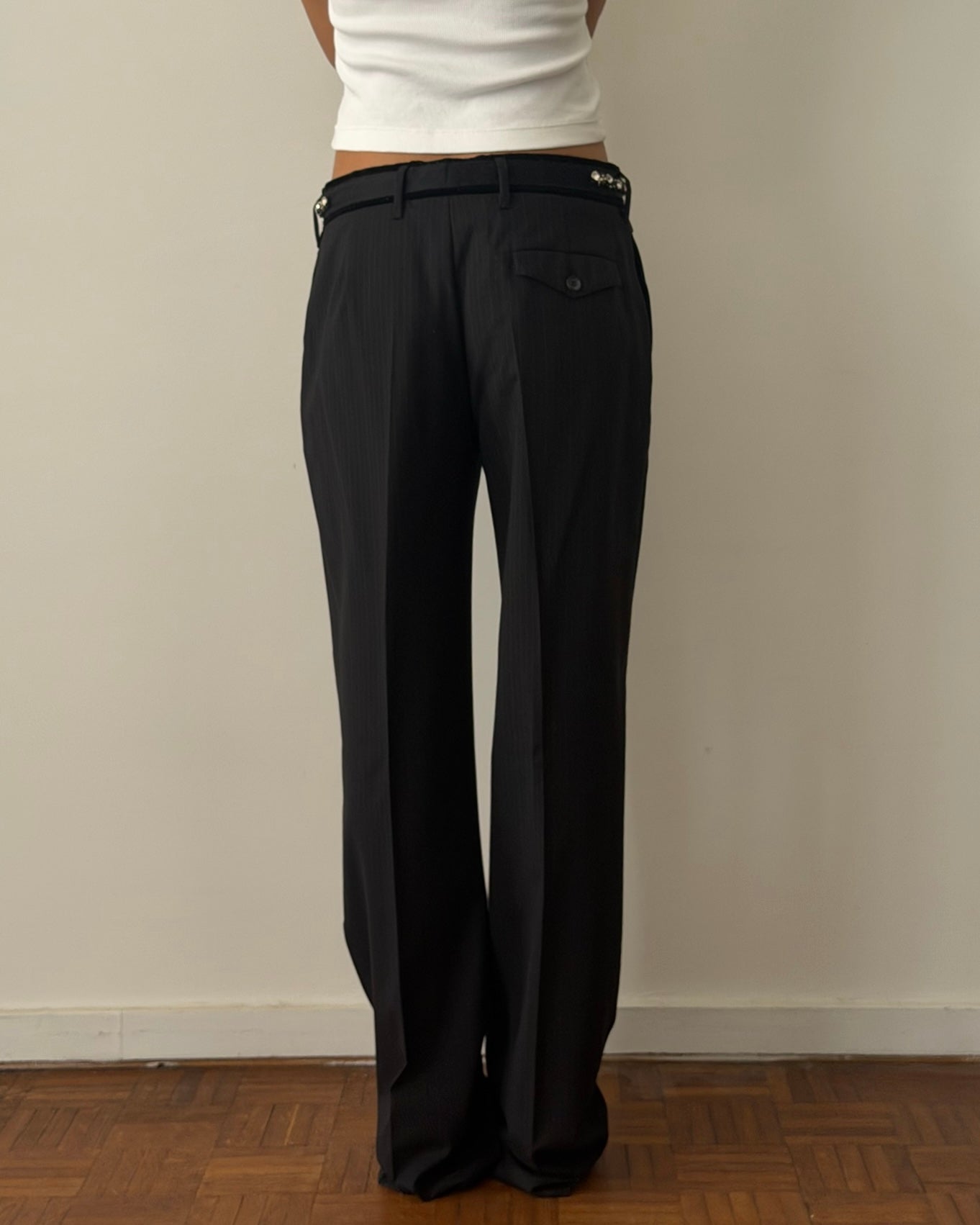Prada Early 2000s Crystal Belt Pinstripe Wool Trousers