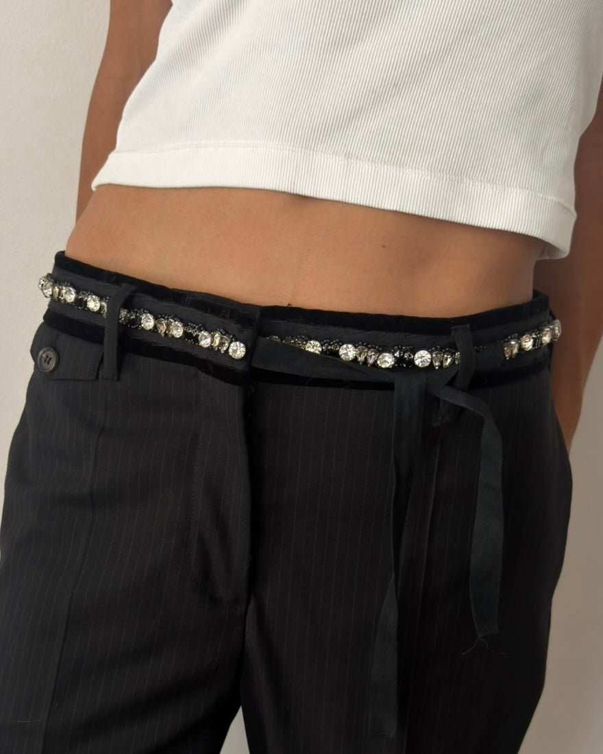 Prada Early 2000s Crystal Belt Pinstripe Wool Trousers