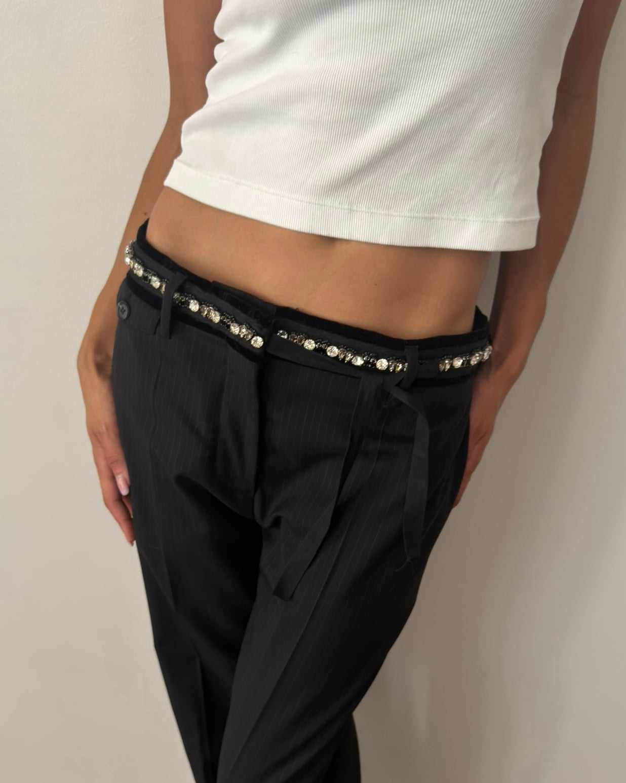 Prada Early 2000s Crystal Belt Pinstripe Wool Trousers