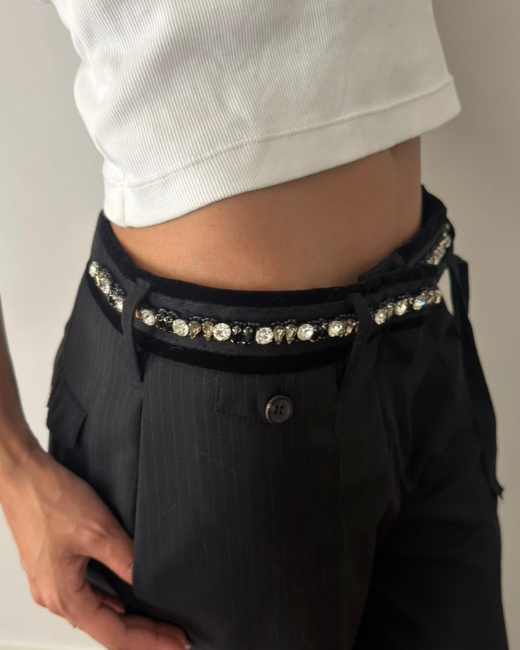 Prada Early 2000s Crystal Belt Pinstripe Wool Trousers