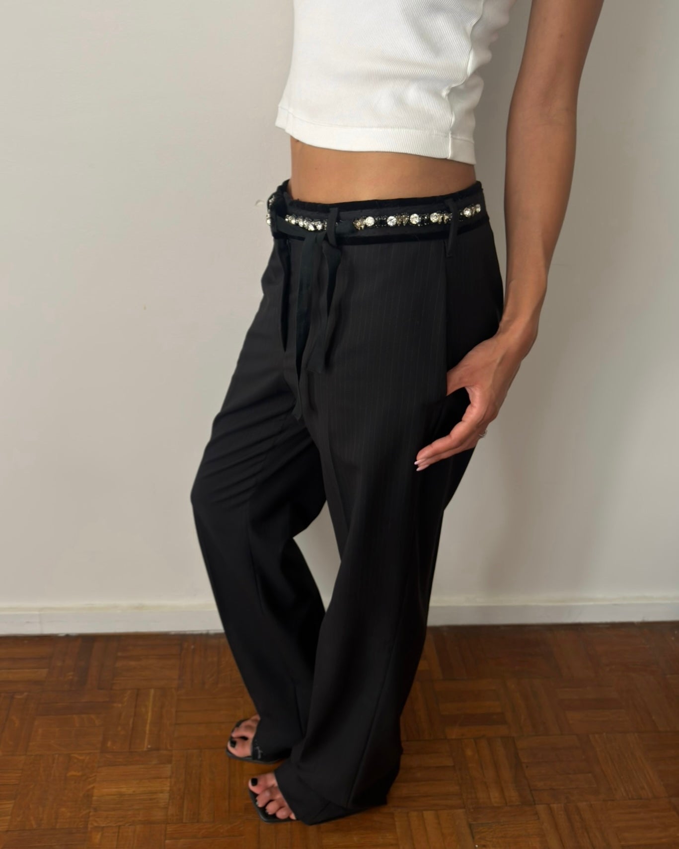 Prada Early 2000s Crystal Belt Pinstripe Wool Trousers