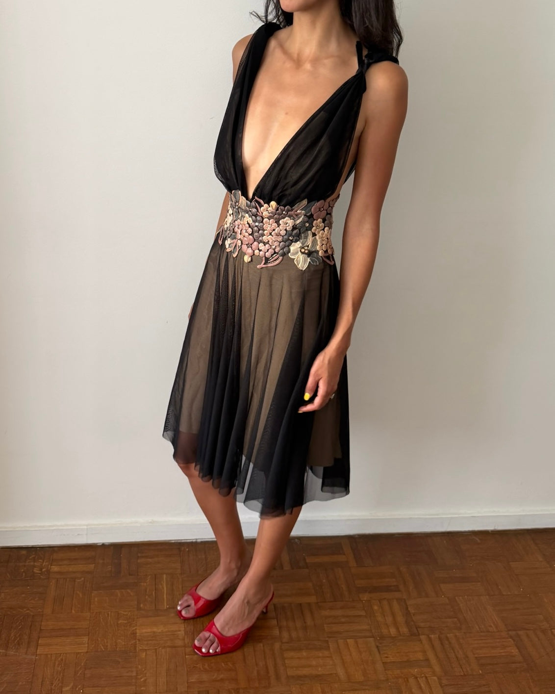 Ema Savahl Couture Early 2000s Floral Mesh Dress