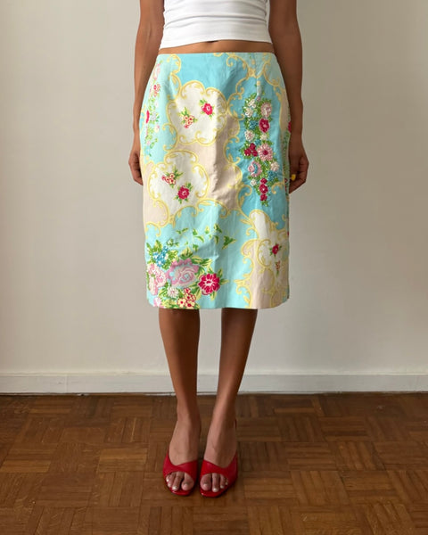 スカート Blumarine Anna molinari Blumarine Anna Molinari SS2001 Embroidered Floral Pencil Skirt