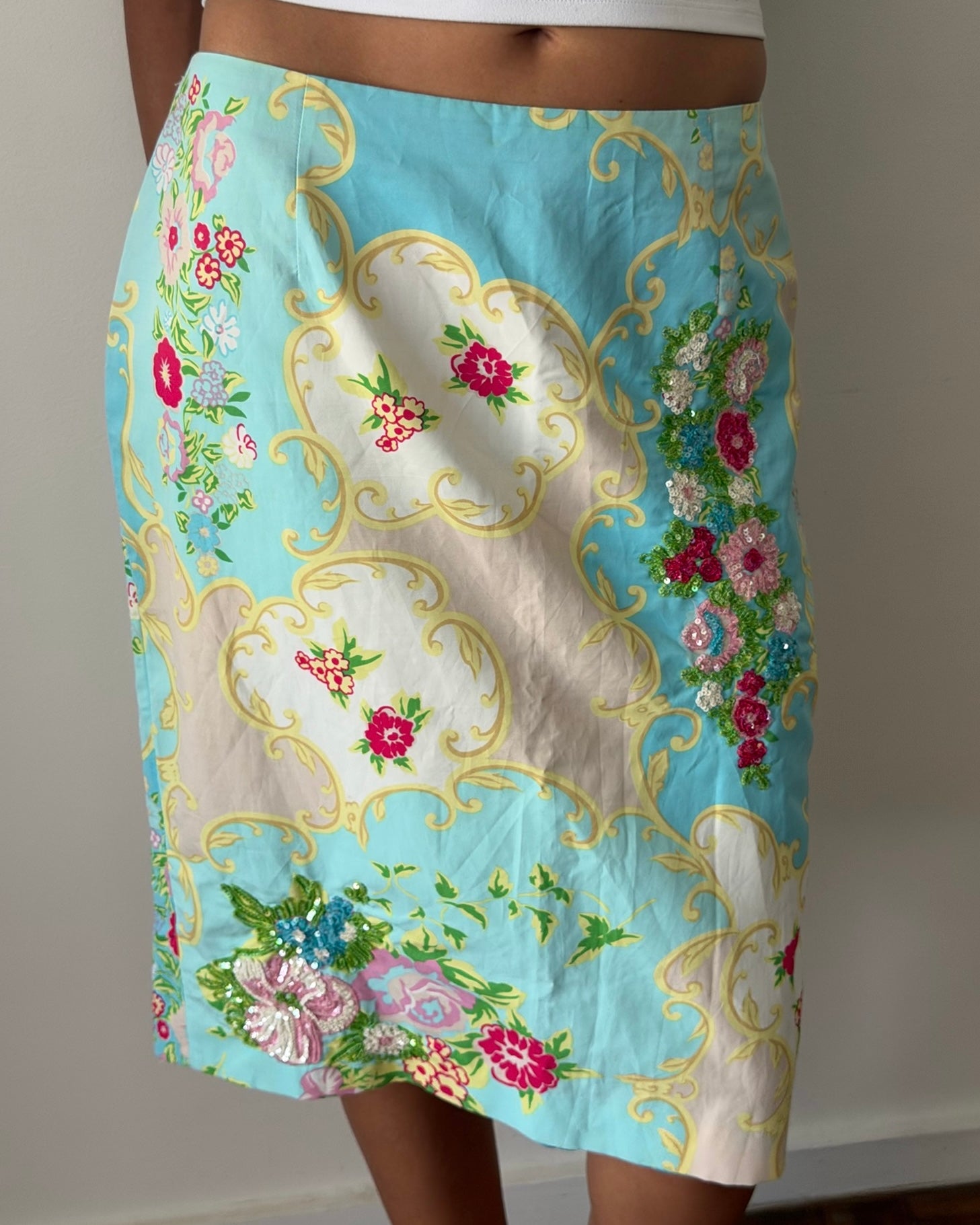 Blumarine Anna Molinari SS2001 Embroidered Floral Pencil Skirt