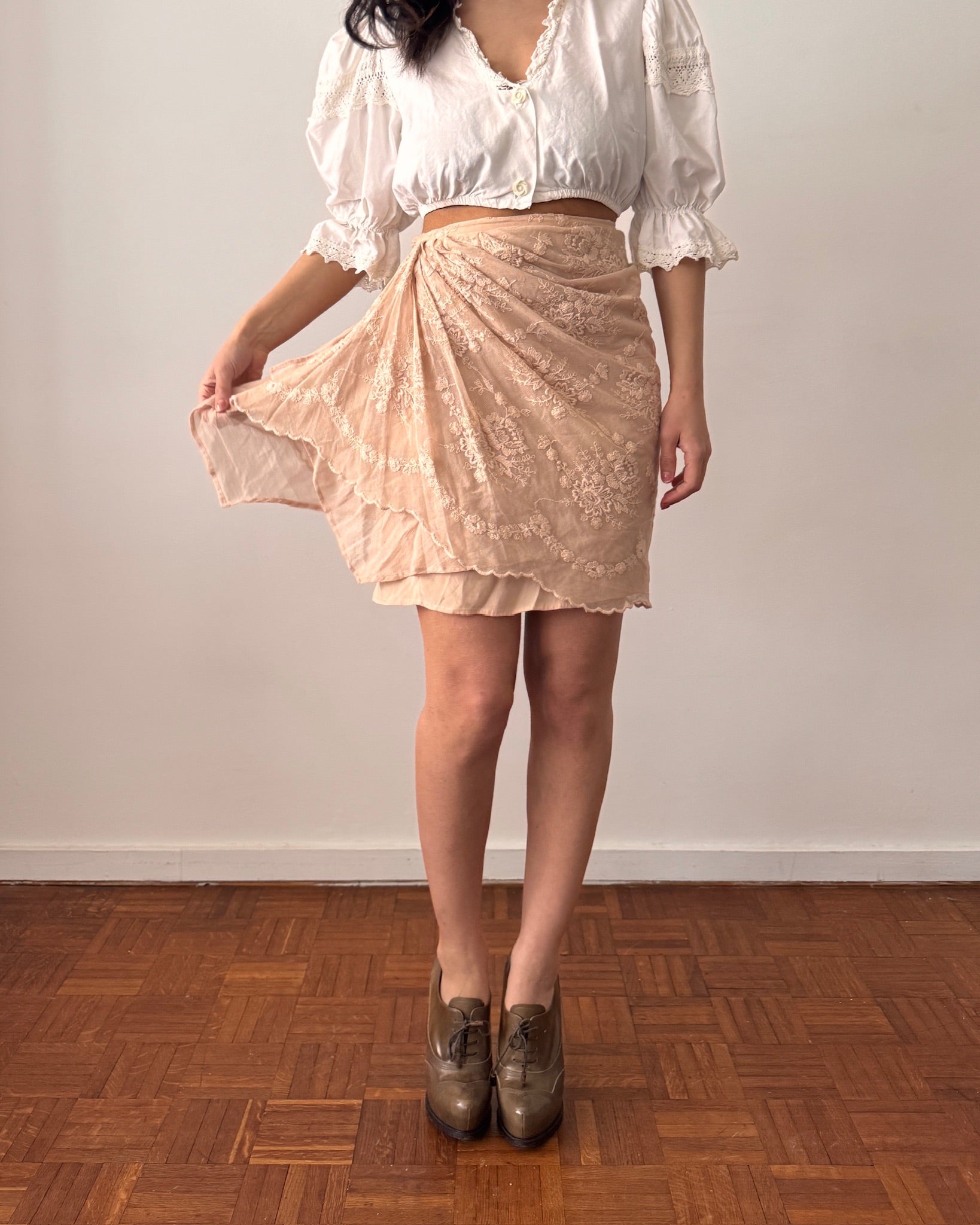 Lolita Lempicka 1990s Pink Lace Wrap Ruffle Skirt