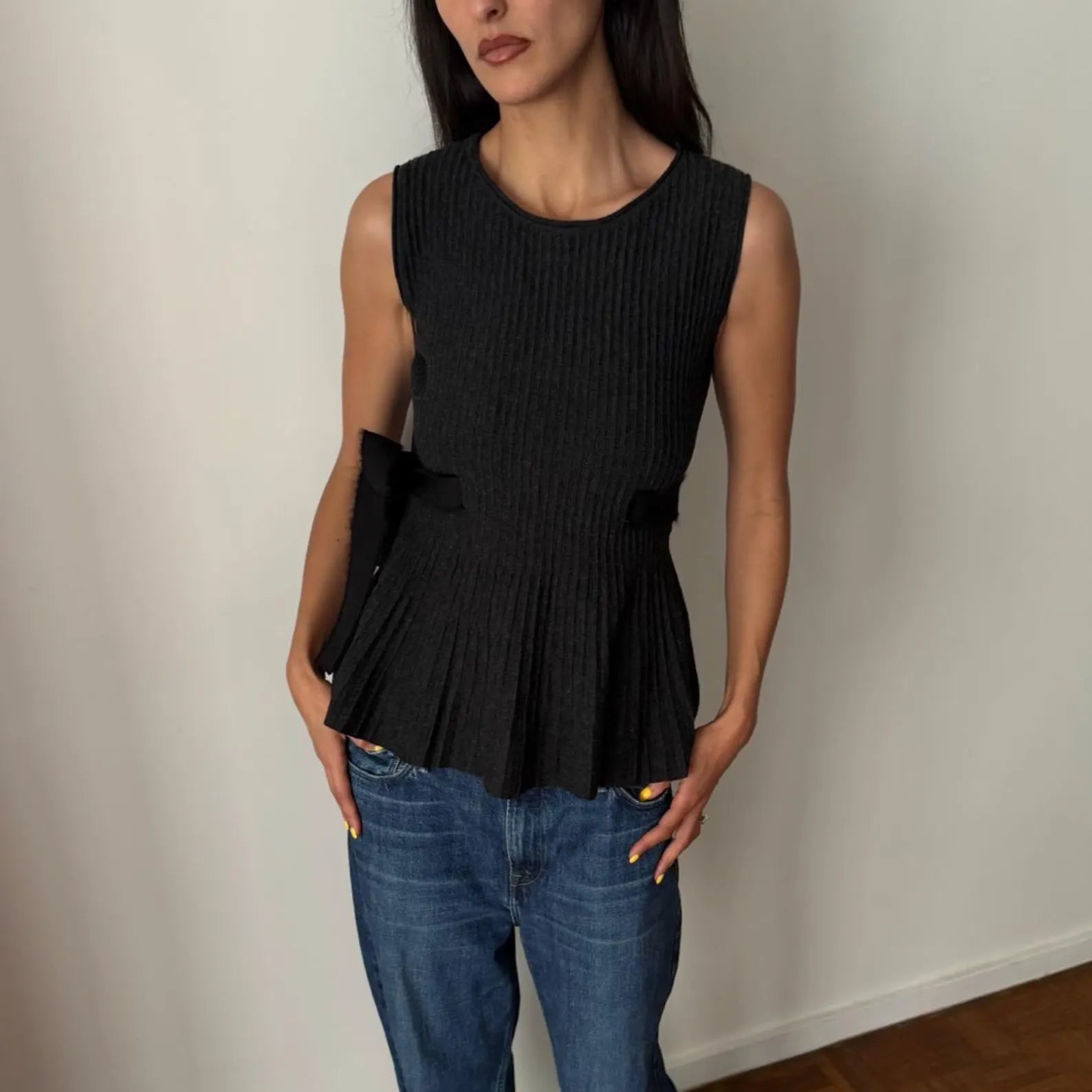 VINTAGE VALENTINO 2000s Ribbed Wool Peplum Top Grey Bow Tie S
