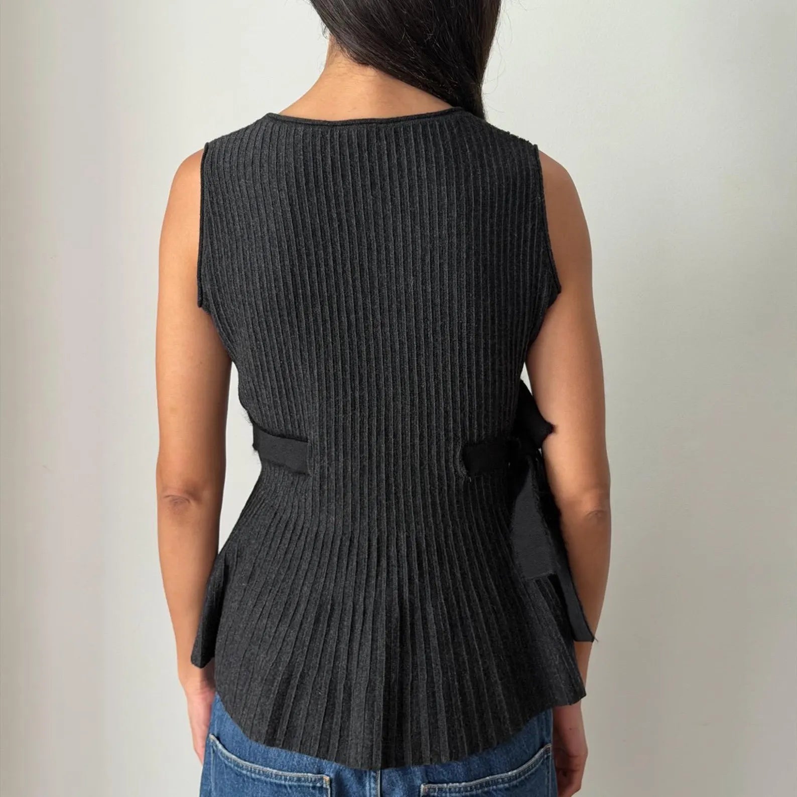 VINTAGE VALENTINO 2000s Ribbed Wool Peplum Top Grey Bow Tie S