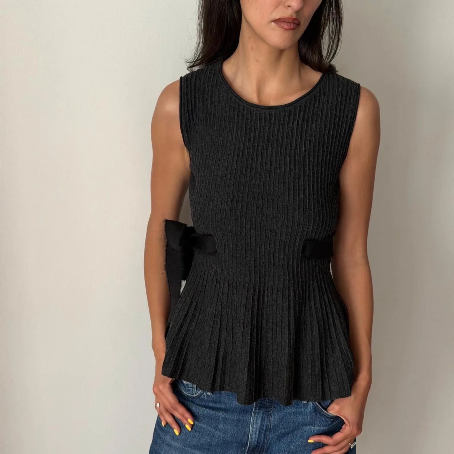 VINTAGE VALENTINO 2000s Ribbed Wool Peplum Top Grey Bow Tie S