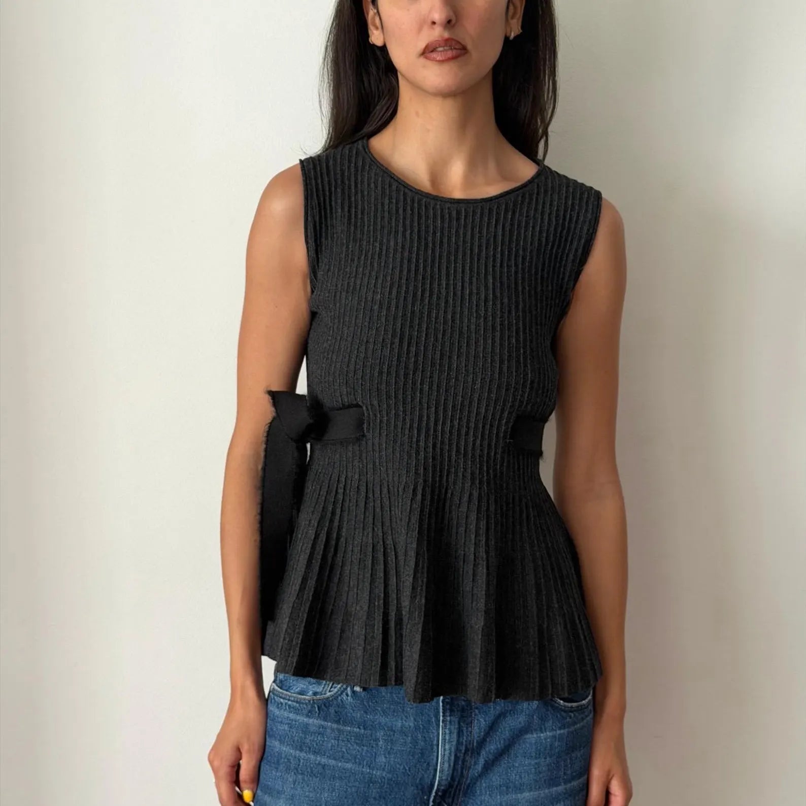 VINTAGE VALENTINO 2000s Ribbed Wool Peplum Top Grey Bow Tie S