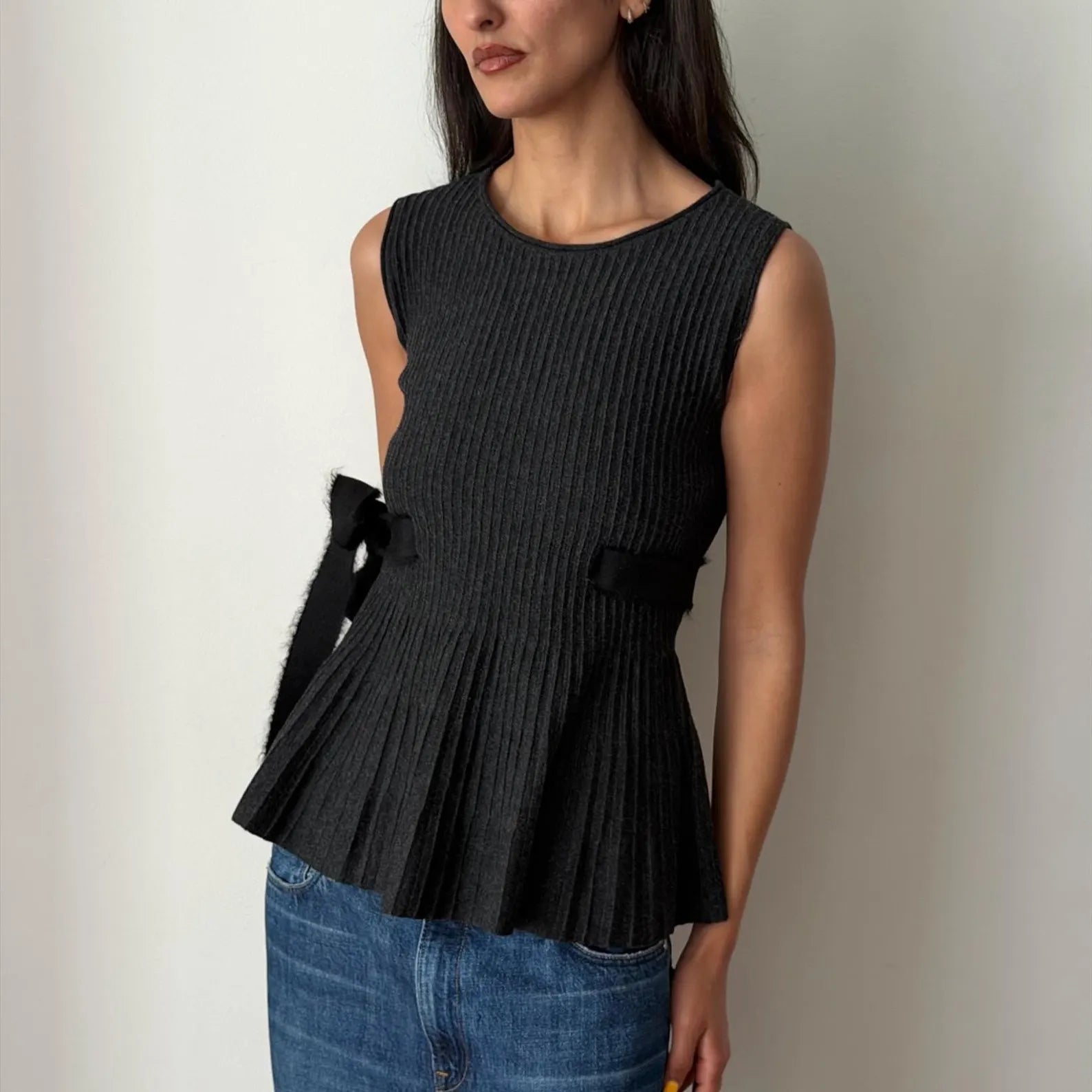 VINTAGE VALENTINO 2000s Ribbed Wool Peplum Top Grey Bow Tie S