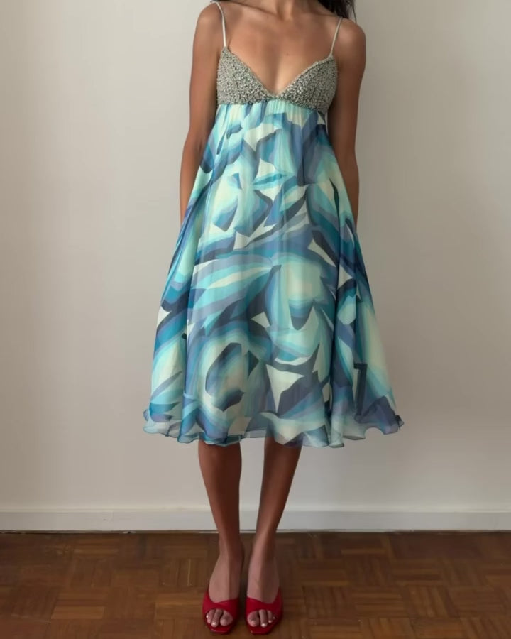 Missoni SS2006 Beaded Silk Slip Dress – Blue Abstract Print