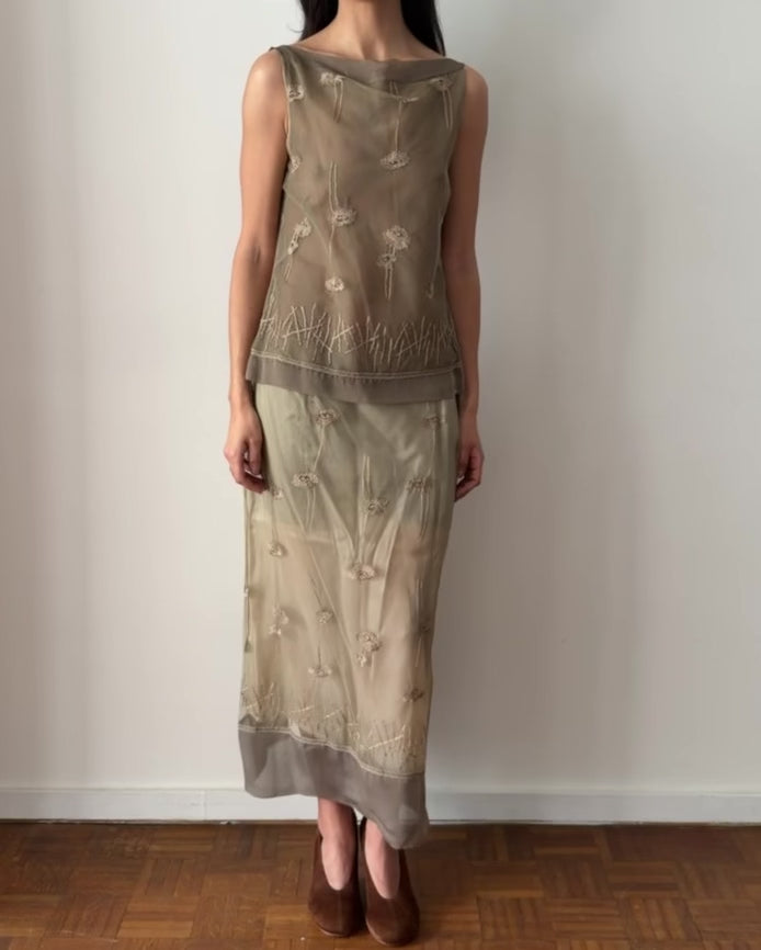 Alberta Ferretti SS1998 Sheer Embroidered Two-Piece Set – Neutral