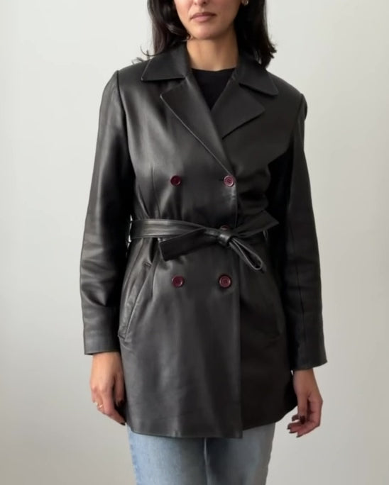 Balmain 1990s Black Leather Belted Jacket