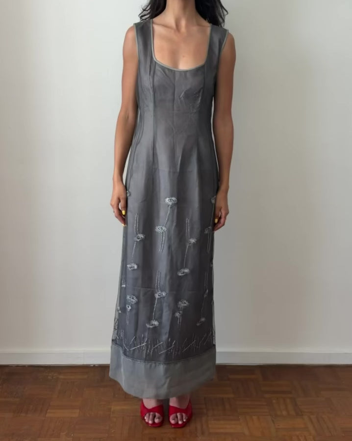 Alberta Ferretti SS1998 Sheer Embroidered Maxi Dress – Grey