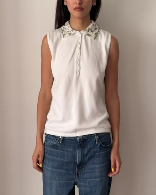 Blumarine FW1991 Beaded Collar Knit Top – White